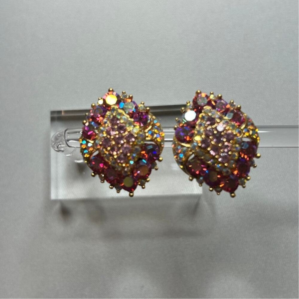 Vintage multi colored rhinestone cluster clip on earrings